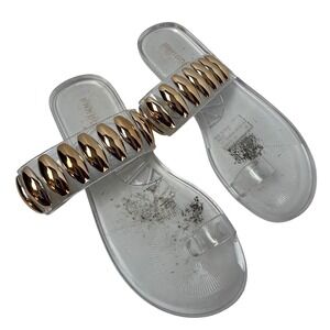 Bamboo AURATE-03‎ Clear Jelly Sandals Gold Studded Toe Loop Slides Womens 7M